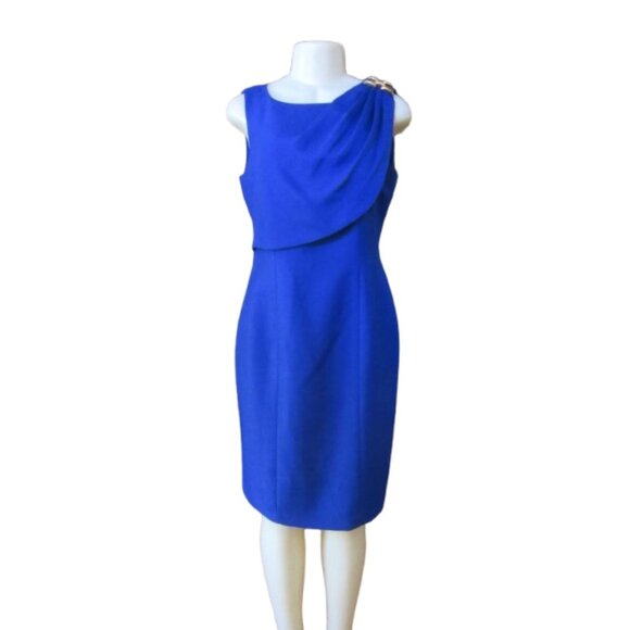 Kay Unger New York Blue/Purple Draped Shoulder Dress Size 10 With Gold Accents - Picture 1 of 6